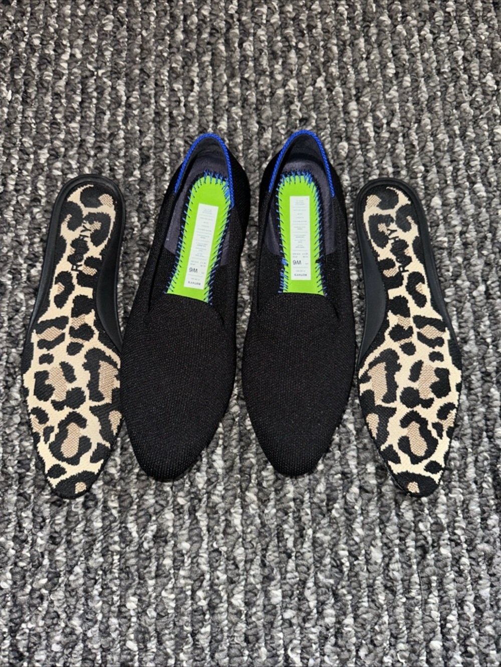 Rothy's Black Knit Slip-On Flats with Leopard-Print Insoles